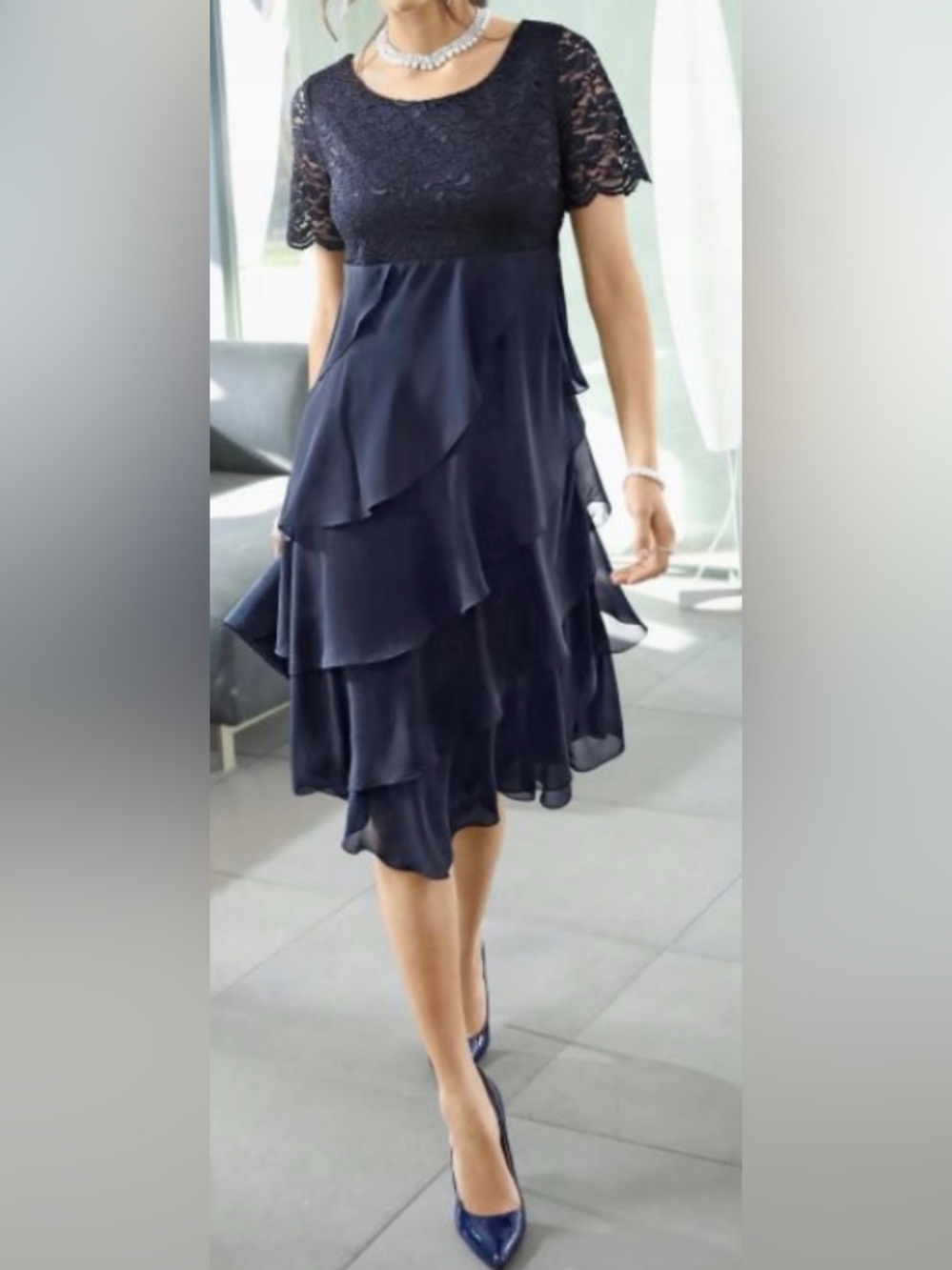 Fair Lady - NEW - navy cocktail dress lace bodice and tiered chiffon skirt NWOT